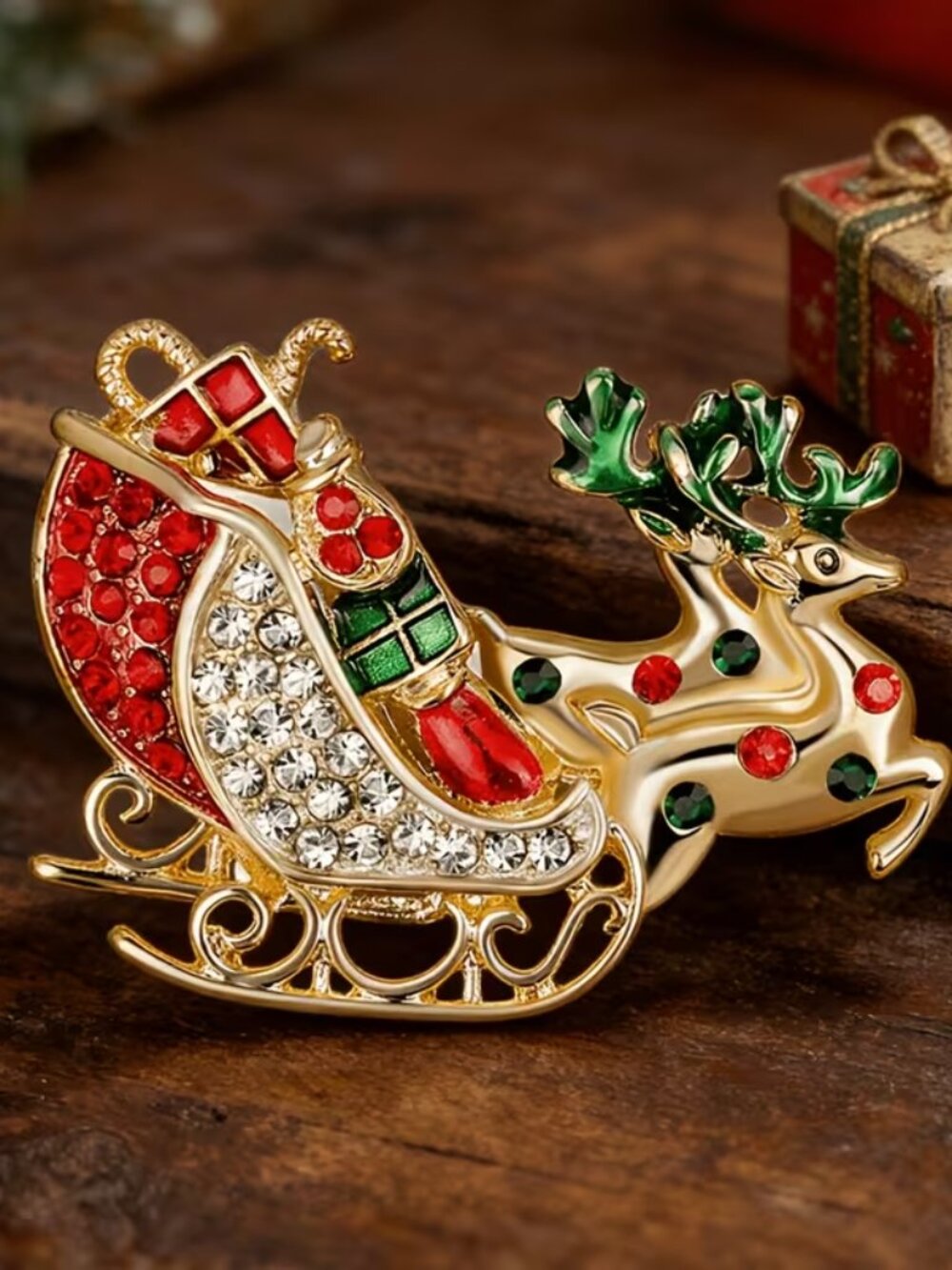 Reindeer Sleigh Brooch, Red & Green Enamel with Full-Paved Rhinestones - NEW